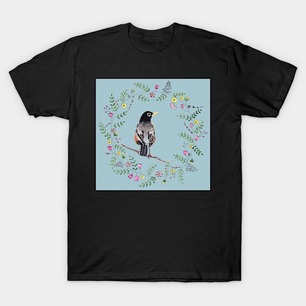 American Robin with Flower Wreath and blue background T-Shirt by Sandraartist